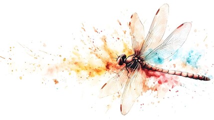 Aufkleber - Captivating and ethereal watercolor depicting a serene and graceful dragonfly showcasing intricate details and a vibrant minimalist color palette against a clean white background