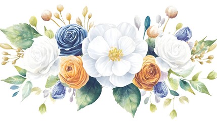 Poster - Delicate and refreshing watercolor floral design highlighting an assortment of vibrant spring blossoms and fresh green foliage set against a clean background