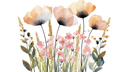 Aufkleber - Elegant and X ray floral watercolor painting with transparent blossoms and petals set against a minimalist monochrome background creating a modern and serene botanical aesthetic