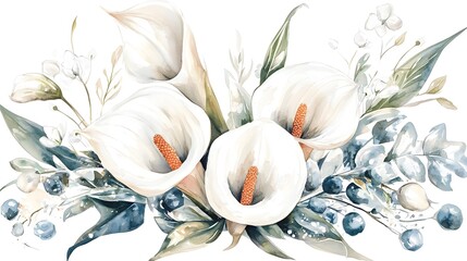 Poster - Elegant Botanical Watercolor Painting Showcasing Captivating White Flowers with Intricate Petal Details and Fresh Green Foliage Ideal for Floral Themed Art and Nature Inspired Designs