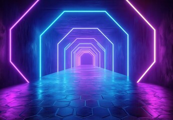 Poster - Futuristic Neon Tunnel with Glowing Hexagonal Patterns and Vibrant Purple Blue Illumination in a Modern Abstract Design Setting