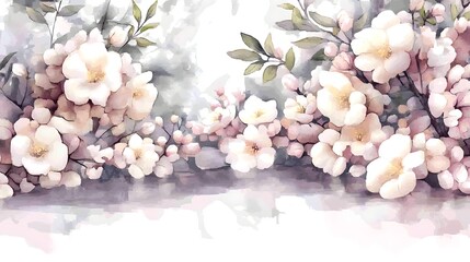 Poster - A graceful and elegant botanical watercolor painting showcasing beautiful white flowers with intricate petal details and fresh green foliage