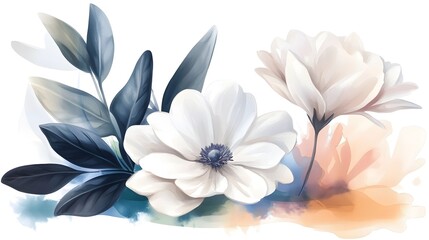 Poster - A captivating and serene watercolor floral composition featuring delicate white blossoms and vibrant green leaves with gentle brushstrokes creating a dreamy timeless botanical aesthetic