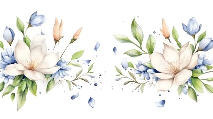Poster - A graceful and elegant botanical watercolor painting showcasing white flowers with intricate petal details and fresh green foliage ideal for floral themed art and nature inspired designs