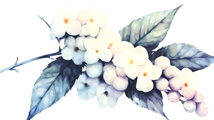 Poster - Beautifully detailed watercolor botanical featuring a stunning display of white flowers in full bloom accompanied by rich green leaves creating a fresh and tranquil floral masterpiece
