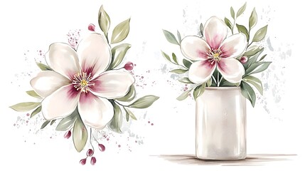 Poster - A delicate and sophisticated watercolor floral artwork highlighting the beauty of white flowers and natural greenery with subtle shading and airy textures for a harmonious botanical piece