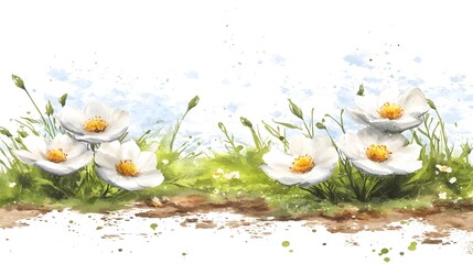 Poster - Delicate and Sophisticated Watercolor Floral Artwork Highlighting the Beauty of White Flowers and Natural Greenery with Subtle Shading and Airy Textures for a Harmonious Botanical Piece