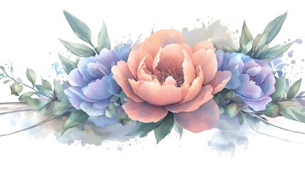 Poster - Elegant and Graceful Watercolor Painting of Delicate Peony Blooms Surrounded by Vibrant Foliage and Fresh Greenery Featuring Soft Gradients and Expressive Brushstrokes for a Timeless Ornamental Design