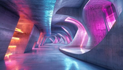 Poster - Futuristic surreal architectural space with colorful neon lights illuminating smooth concrete curves and textures for modern design concepts