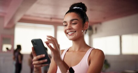 Aufkleber - Cellphone, laughing and woman in gym typing for communication online with mobile app. Fitness, studio and female person with phone for social networking or contact on media at pilates class.