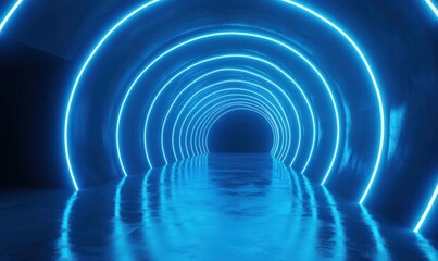 Poster - Futuristic Tunnel with Glowing Blue Neon Lights Reflecting on Wet Floor in a Dark Environment Featuring a Sci-Fi Ambiance and Electric Vibes