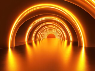Poster - Futuristic tunnel with glowing orange lights and reflective surfaces creating a vibrant atmosphere for technology and design concepts