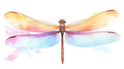 Poster - Shimmering Dragonfly   and Elegant Insect Painting with Delicate Wings Showcased in a Vibrant Spectrum of Colors Against a Plain Backdrop