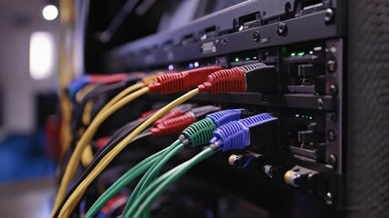 Poster - colorful ethernet cables plugged into a network server rack blink with activity lights, indicating d