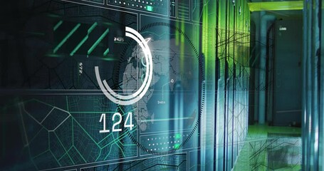 Poster - Digital interface with data processing animation over server room background