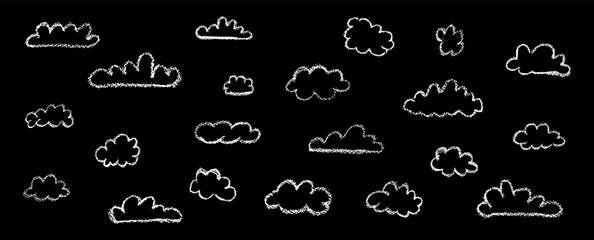 Poster - Set of abstract pencil clouds. Hand drawn cartoon cloudy sky. Vector illustration of collection of white eddy on black background. Imitation of a child's drawing with pencils on blackboard