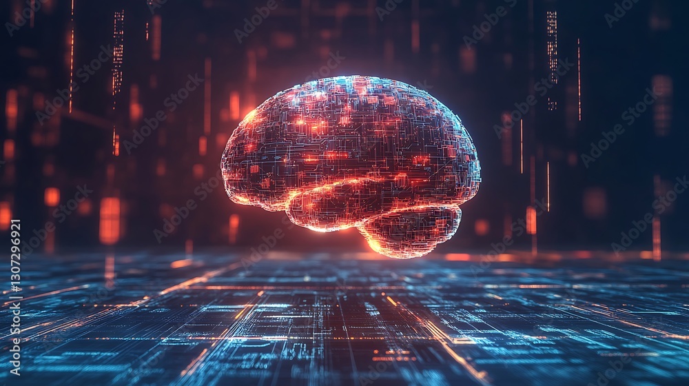 A glowing digital brain representing artificial intelligence technology and data