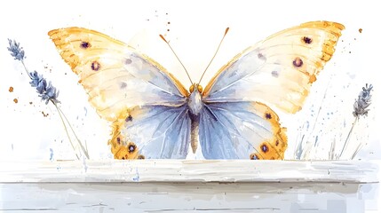 Poster - Ethereal Watercolor Butterfly with Swirling Purple Wings in Serene Natural Setting   A dreamlike whimsical of a butterfly with intricate vibrant patterns on its wings set against a soft