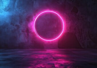 Poster - Illuminated Circular Neon Frame in Dark Grunge Background Perfect for Modern Art, Nightlife, and Futuristic Concepts in Photography