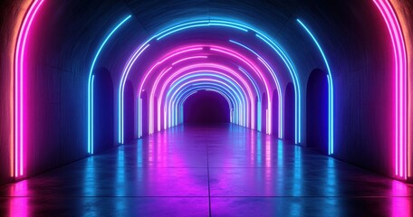 Poster - Illuminated Neon Arches in a Dark Tunnel Environment with Vibrant Pink and Blue Lighting Effects for Creative Visual Projects