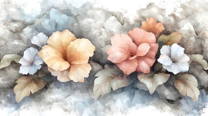 Poster - A mesmerizing botanical watercolor composition featuring a blend of vibrant pink and orange flowers highlighted with soft delicate detailing and expressive