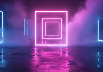 Poster - Illuminated Neon Squares in a Misty Environment with Vibrant Pink and Blue Lighting for Futuristic Themes and Creative Concepts