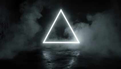Poster - Illuminated Neon Triangle in Dark Atmosphere with Smoke and Shadows Creating a Mysterious and Ethereal Ambience for Creative Projects