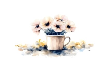 Aufkleber - A beautifully illustrated coffee cup adorned with vibrant watercolor flowers blending delicate details and rich colors to evoke a sense of nature warmth and This still life composition creates a cozy