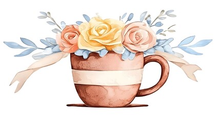 Aufkleber - A whimsical and delicate coffee cup wrapped in a bouquet of vibrant watercolor flowers  with soft brushstrokes and intricate details enhancing its charm and creating a romantic  cozy
