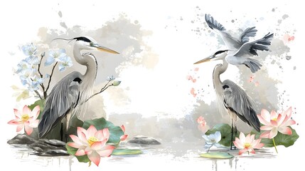 Poster - Elegant herons gracefully standing amidst a breathtaking scene of blooming lotus flowers and lush green foliage