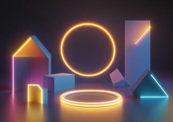 Poster - Modern abstract composition of luminous geometric shapes with neon lights creating a captivating visual contrast on a dark background