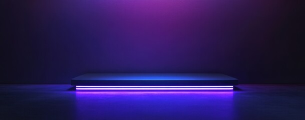Poster - Modern minimalist stage design with purple and blue lighting for creative presentations, events, and artistic performances in abstract style