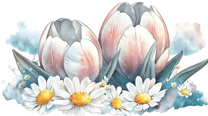 Poster - A stunning and watercolor Easter egg detailed with delicate flower patterns in soft pastel shades featuring tulips and daisies radiating a fresh and festive springtime feel