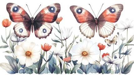 Aufkleber - A stunning vintage botanical featuring a whimsical arrangement of delicate butterflies and various blooming flowers