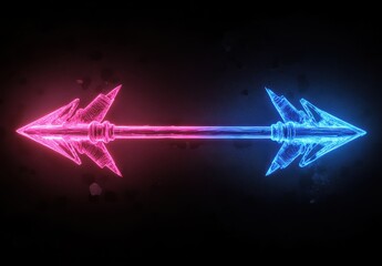 Poster - Neon Arrows Illustration with Pink and Blue Glow on a Dark Background Representing Direction, Choice, and Duality in a Modern Design Style