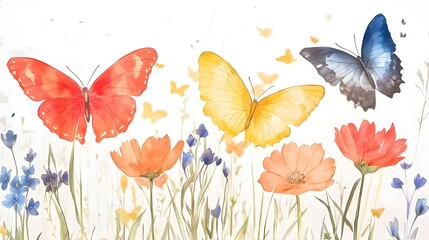Poster - A whimsical and elegant vintage inspired botanical print featuring butterflies in flight above an array of carefully detailed flowers evoking the timeless beauty of nature studies