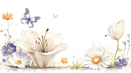 Poster - Elegant and detailed botanical showcasing a harmonious pattern of lilies butterflies and blooming flowers in soft calming colors for a dreamy and aesthetic