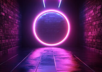 Poster - Neon Circle in Dark Bricked Room, Glow Reflections on Wet Floor, Modern Aesthetic, Creative Light Design, Futuristic Atmosphere, Night Scene