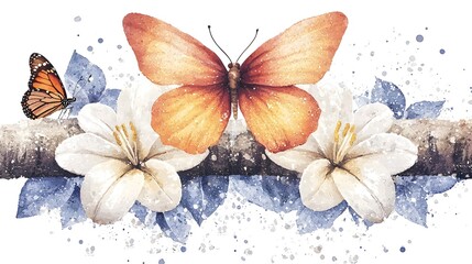 Poster - An exquisite botanical showcasing a harmonious pattern of lilies butterflies and blooming flowers in a captivating array of soft calming colors