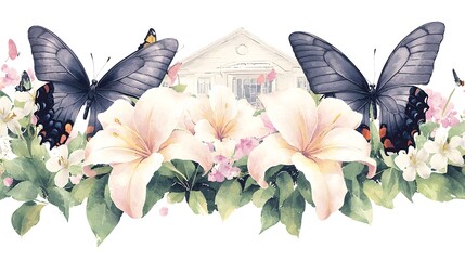 Poster - Gracefully Fluttering Butterflies Weaving Through an Arrangement of Soft Colored Lilies and Blossoms Evoking a Peaceful and Ethereal Ambiance