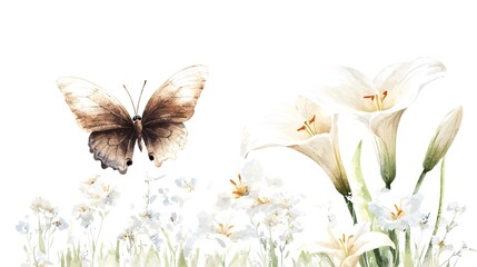 Poster - A beautifully intricate nature inspired a seamless floral and butterfly pattern with delicate lilies and soft botanical elements adding to its timeless elegance and appeal