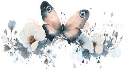 Poster - Elegant and dreamy botanical composition featuring a beautifully detailed butterfly resting above a floral arrangement painted in soft pastel tones to evoke a sense of tranquility and harmony