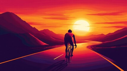 Poster - Cyclist rides toward glowing sunset with silhouetted hills in background Generative AI