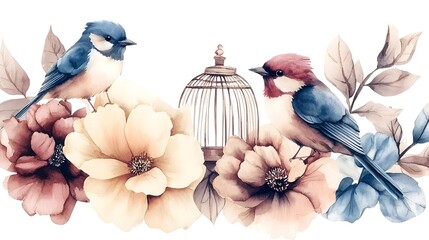 Aufkleber - A captivating nature inspired watercolor painting featuring graceful birds fluttering around floral arrangements and antique birdcages with intricate brushstrokes and harmonious color tones