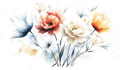 Aufkleber - A breathtaking watercolor painting of a lush floral bouquet featuring a diverse array of blossoms in vibrant hues with delicate petals softly blending into a painterly background