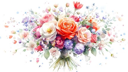 Poster - A breathtaking watercolor painting showcasing a lush floral bouquet featuring a diverse array of blossoms in vibrant hues with delicate petals softly blending into a painterly background