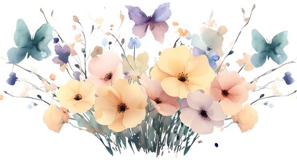 Poster - Dreamy and romantic watercolor floral arrangement filled with an abundance of blossoms in various soft pastel shades delicately painted with a fluid