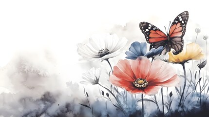 Poster - A beautifully hand painted botanical scene showcasing colorful blooms dancing in a gentle breeze with a monarch butterfly resting on a petal creating a dreamy summer inspired watercolor artwork