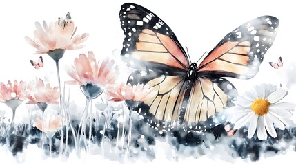 Poster - Enchanting watercolor capturing a serene garden filled with radiant flowers where a graceful monarch butterfly glides effortlessly embodying the essence of summer and the natural beauty