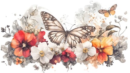 Poster - Enchanting watercolor capturing the serene beauty of a garden filled with vibrant blooming flowers and a gracefully gliding monarch butterfly